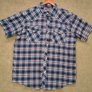 CASUAL‎ COUNTRY Western Shirt Mens XXL Blue Plaid Pearl Snap Cowboy Short Sleeve